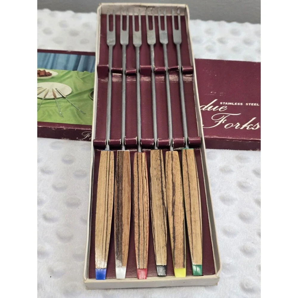 Vintage Fondue Forks 6 Piece Stainless Steel MCM Original Box Wood Grain Handles